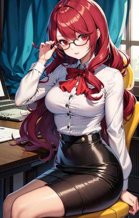 50086-920354635-masterpiece, best quality, office, sitting on desk, button up shirt, pencil skirt, half glasses, mitsuru kirijo [persona], 1girl.png